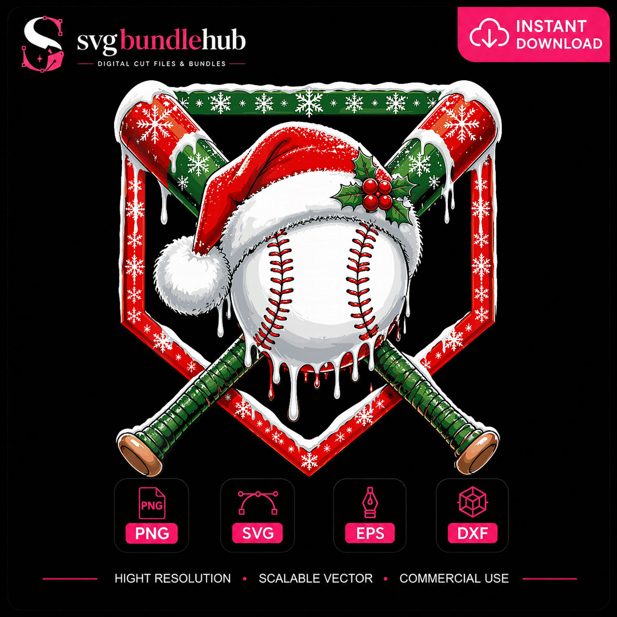 Christmas Baseball Santa Hat Drip Crossed Bats PNG