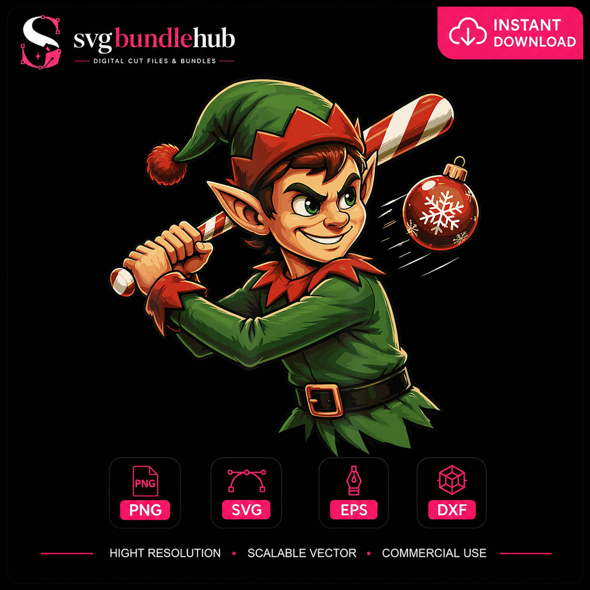 Christmas Elf Swinging Candy Cane Bat Ornament PNG