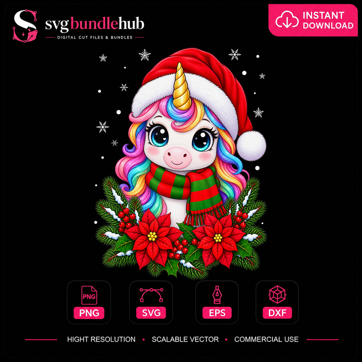 Christmas Unicorn Santa Hat Poinsettia Holiday PNG