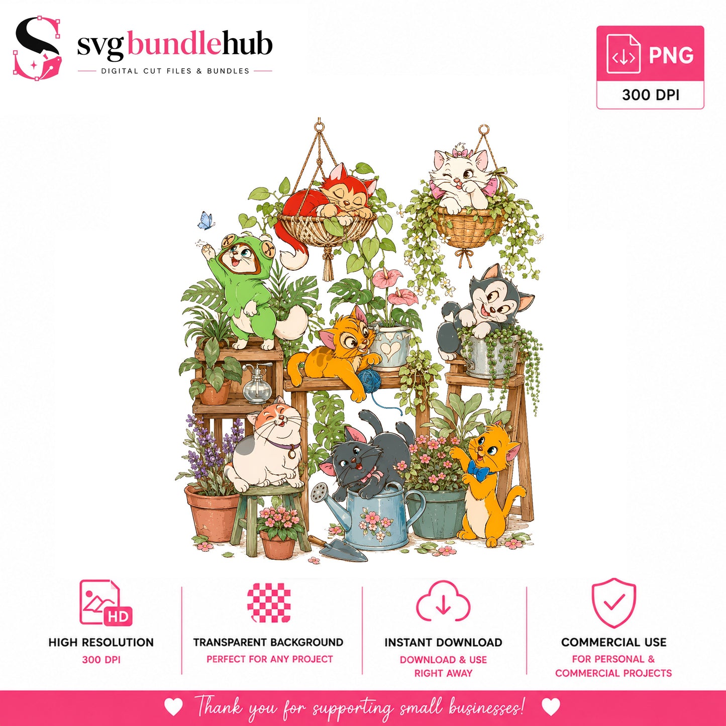 Cute Cats Garden PNG, Cartoon Kittens Plants, Cat Lover PNG