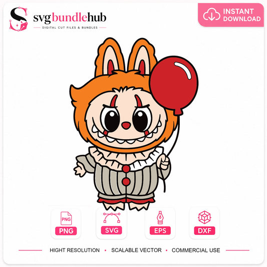 Cute Pennywise Bunny Clipart, Red Balloon Halloween Clown, Badge SVG