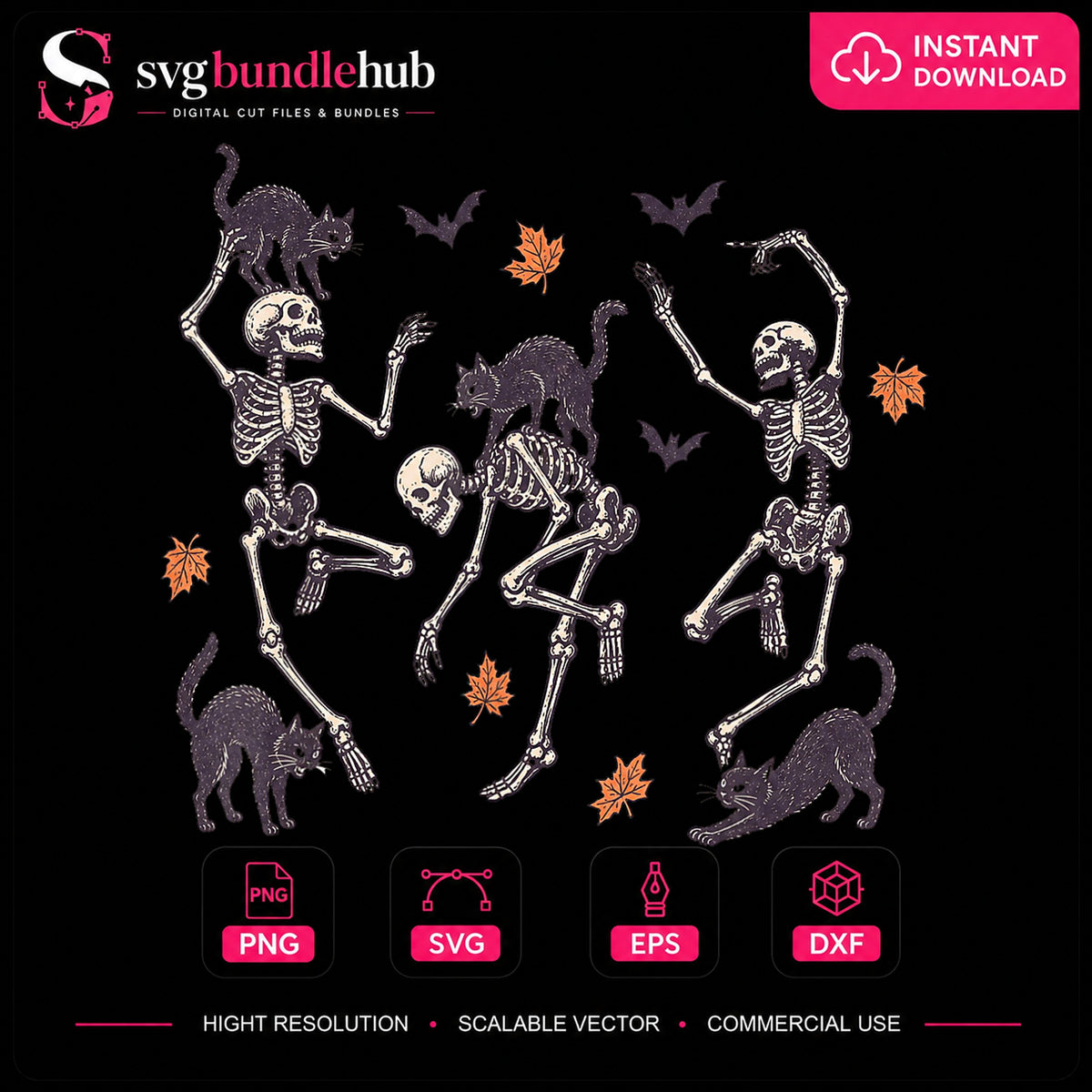 Dancing Skeletons Black Cats Halloween Fall Leaves PNG