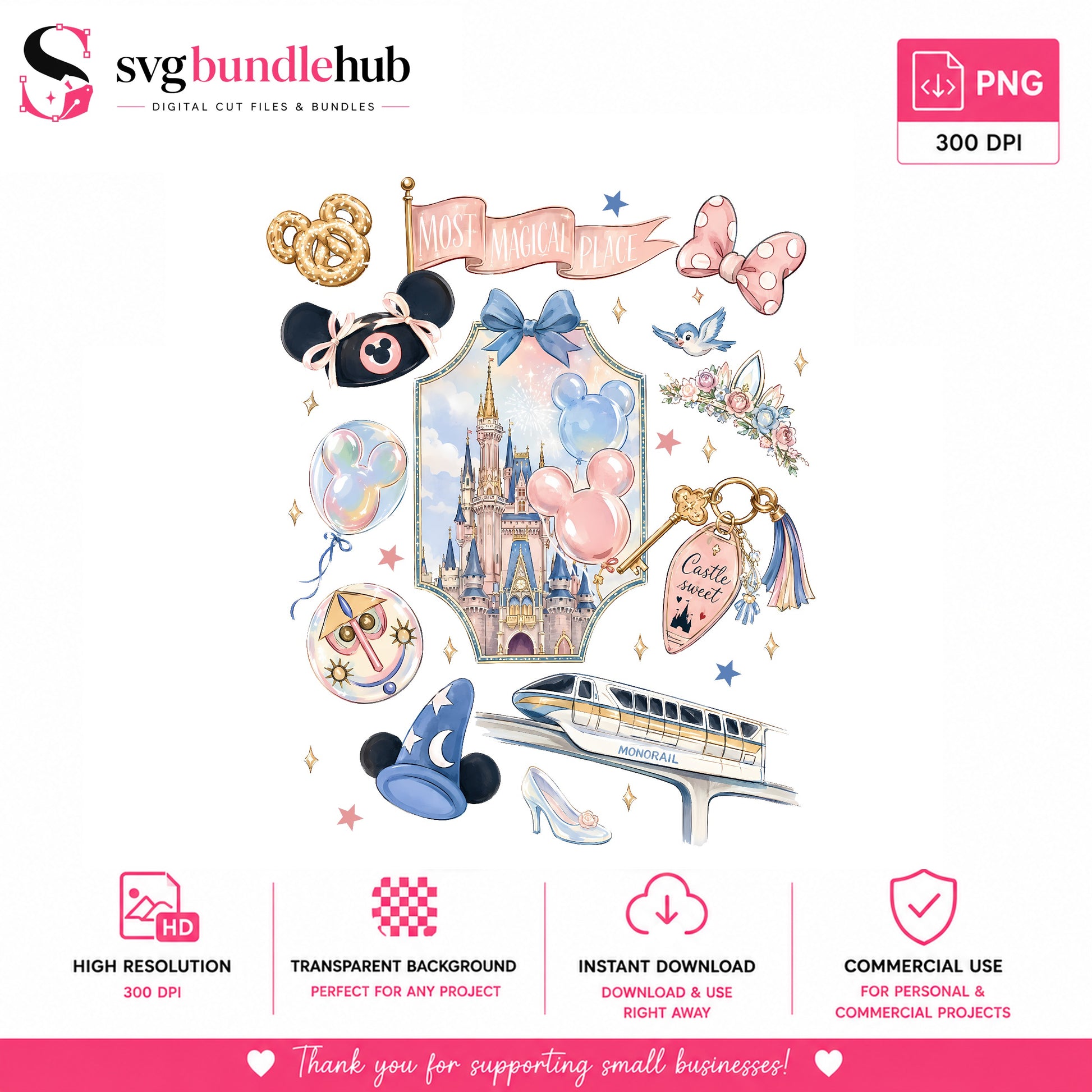 Disney Magic Kingdom PNG Bundle, Cinderella Castle Clipart, Disney Trip PNG