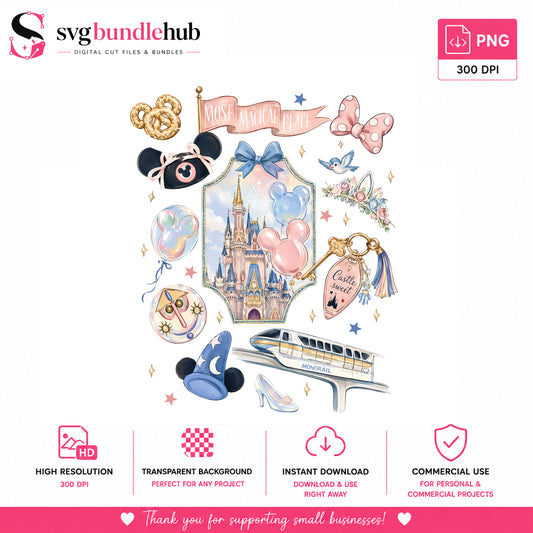 Disney Magic Kingdom PNG Bundle, Cinderella Castle Clipart, Disney Trip PNG