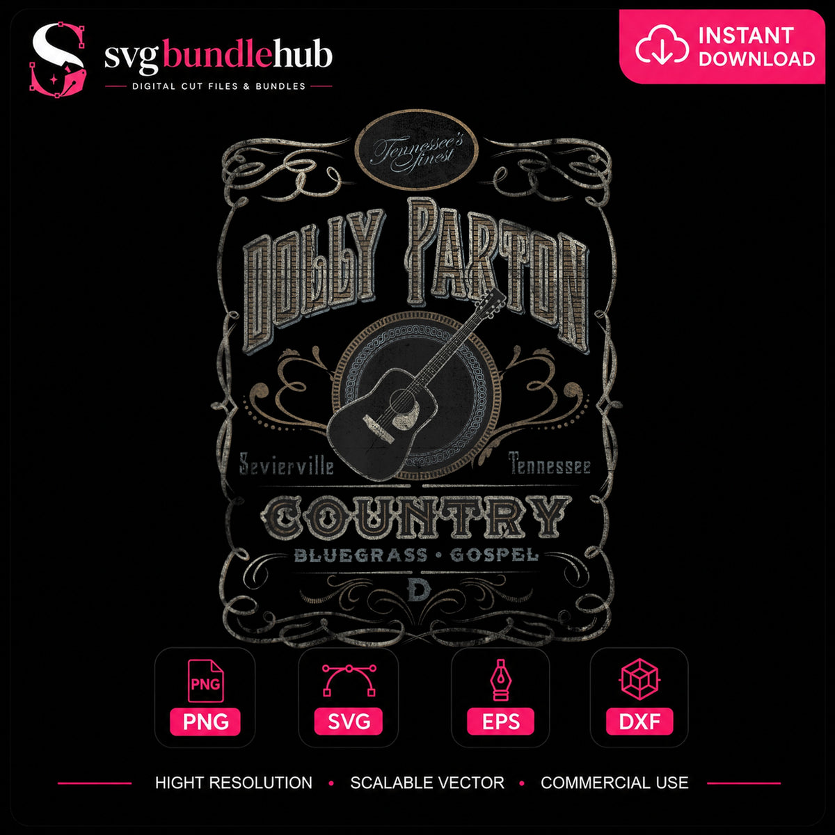 Dolly Parton Country Music Vintage Label Guitar PNG