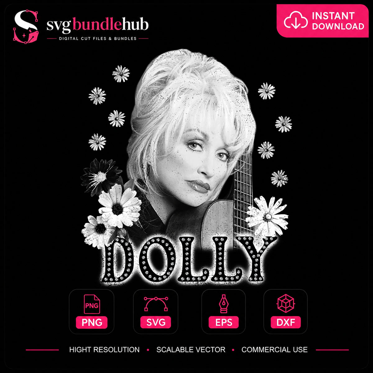 Dolly Parton Daisy Floral Guitar Country Music PNG