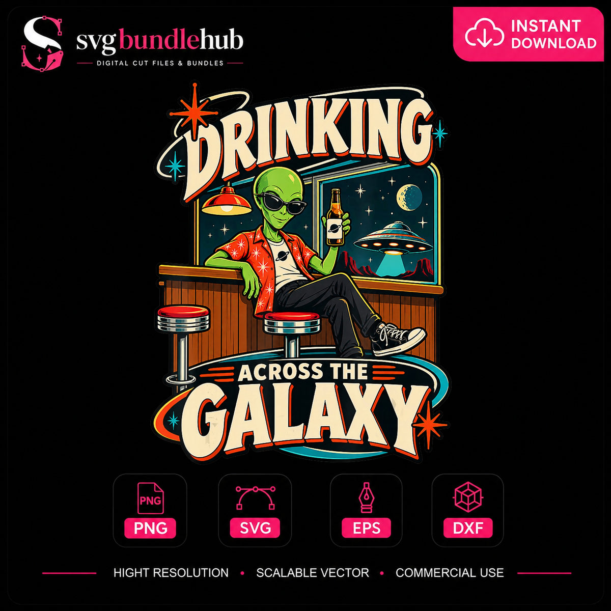 Drinking Across The Galaxy Alien Bar Retro PNG