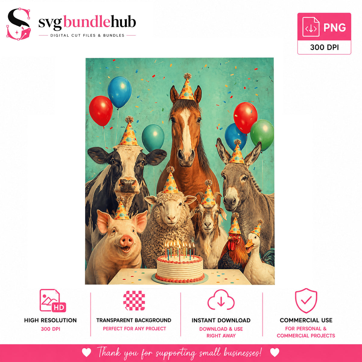 Farm Animals Birthday Party Clipart, Cake Balloons Party Hats Scene