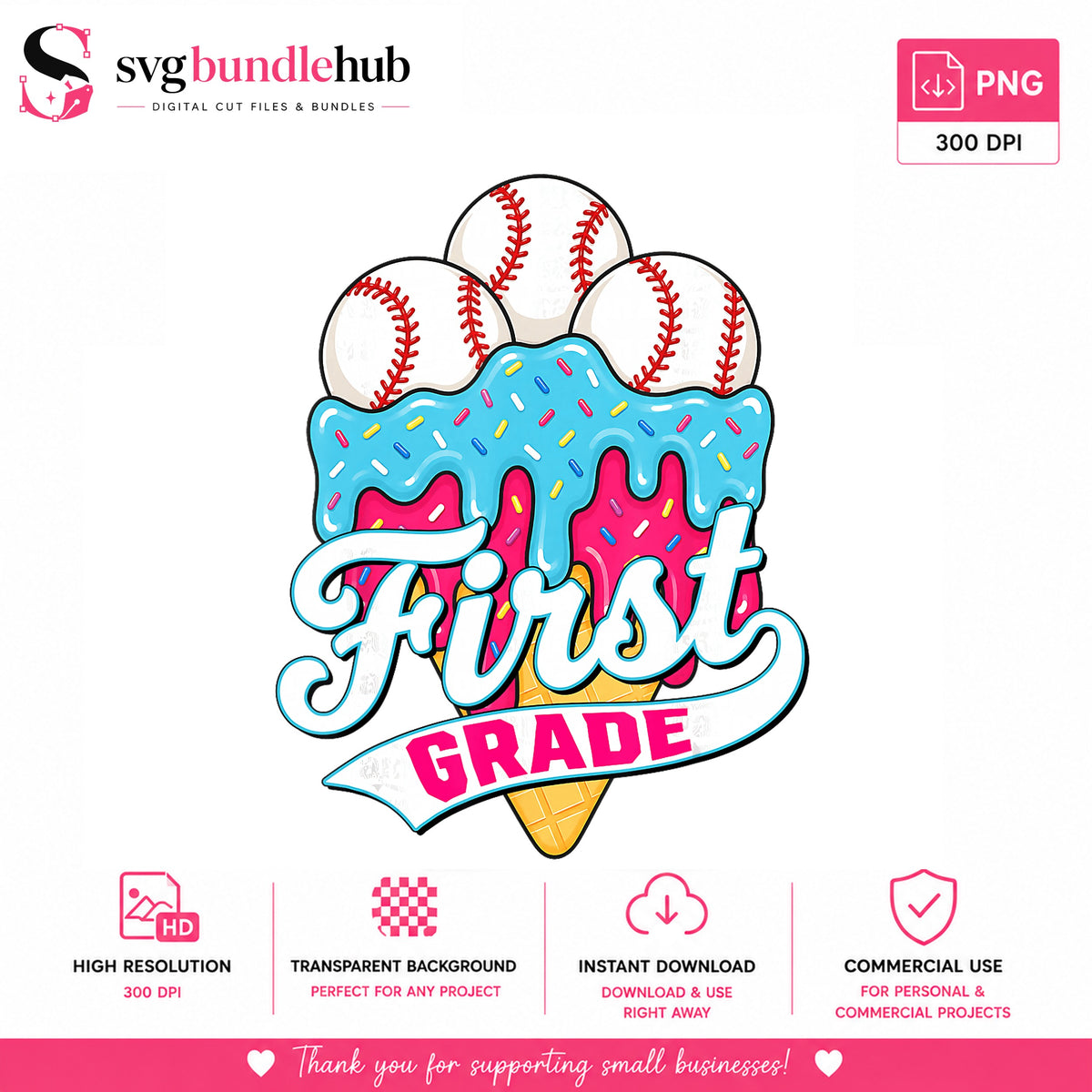 First Grade Baseball Ice Cream Cone Sublimation, Back To School Design