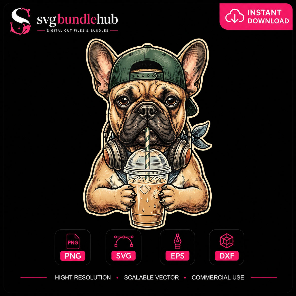 French Bulldog Iced Coffee Headphones Snapback PNG