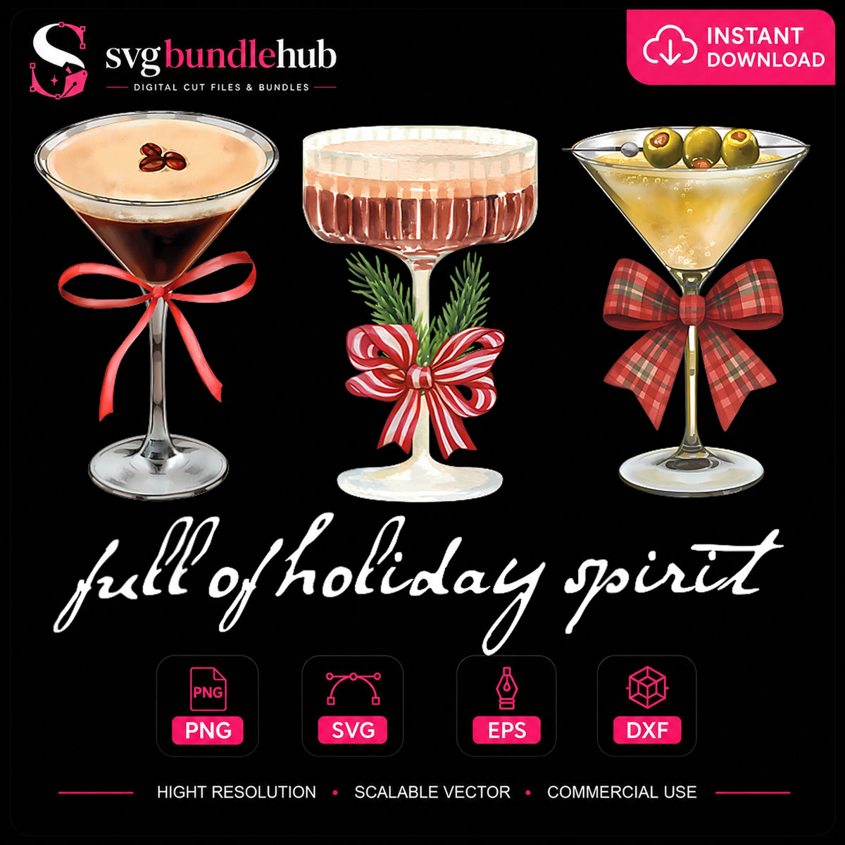 Full Of Holiday Spirit Christmas Cocktails Bow PNG