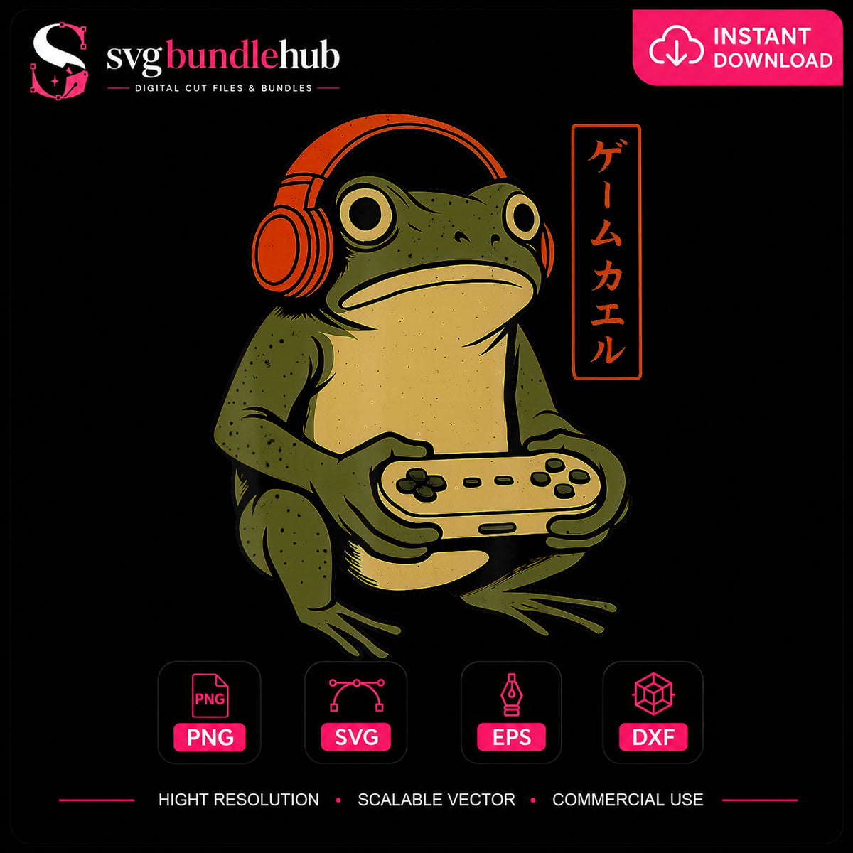 Gamer Frog Headphones Controller Japanese Retro PNG