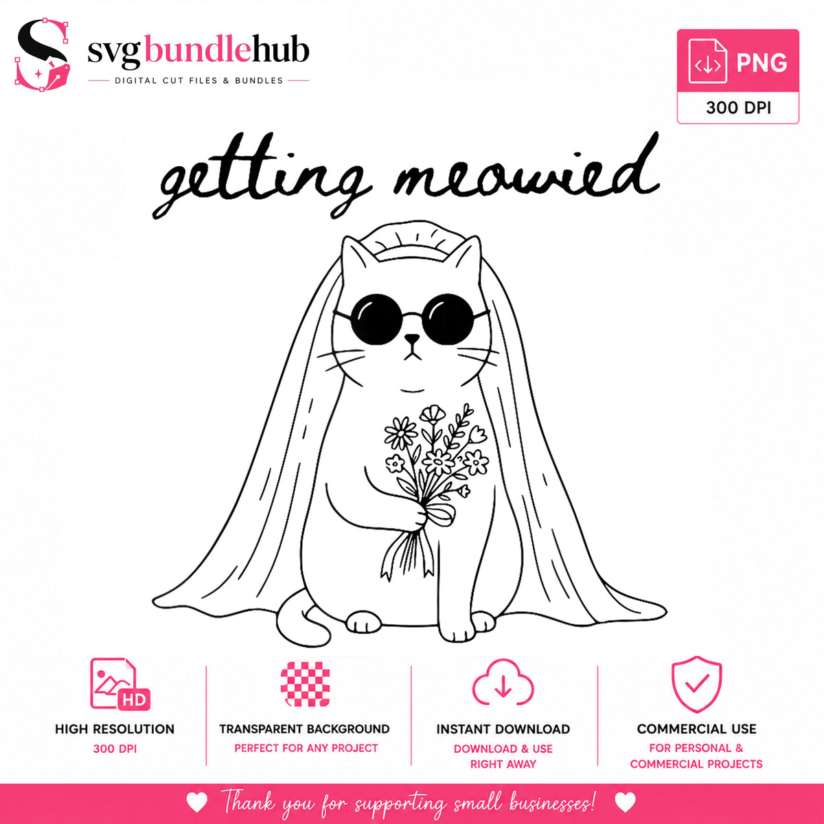 Getting Meowied Cat Bride Clipart, Veil Bouquet Sunglasses Line Art
