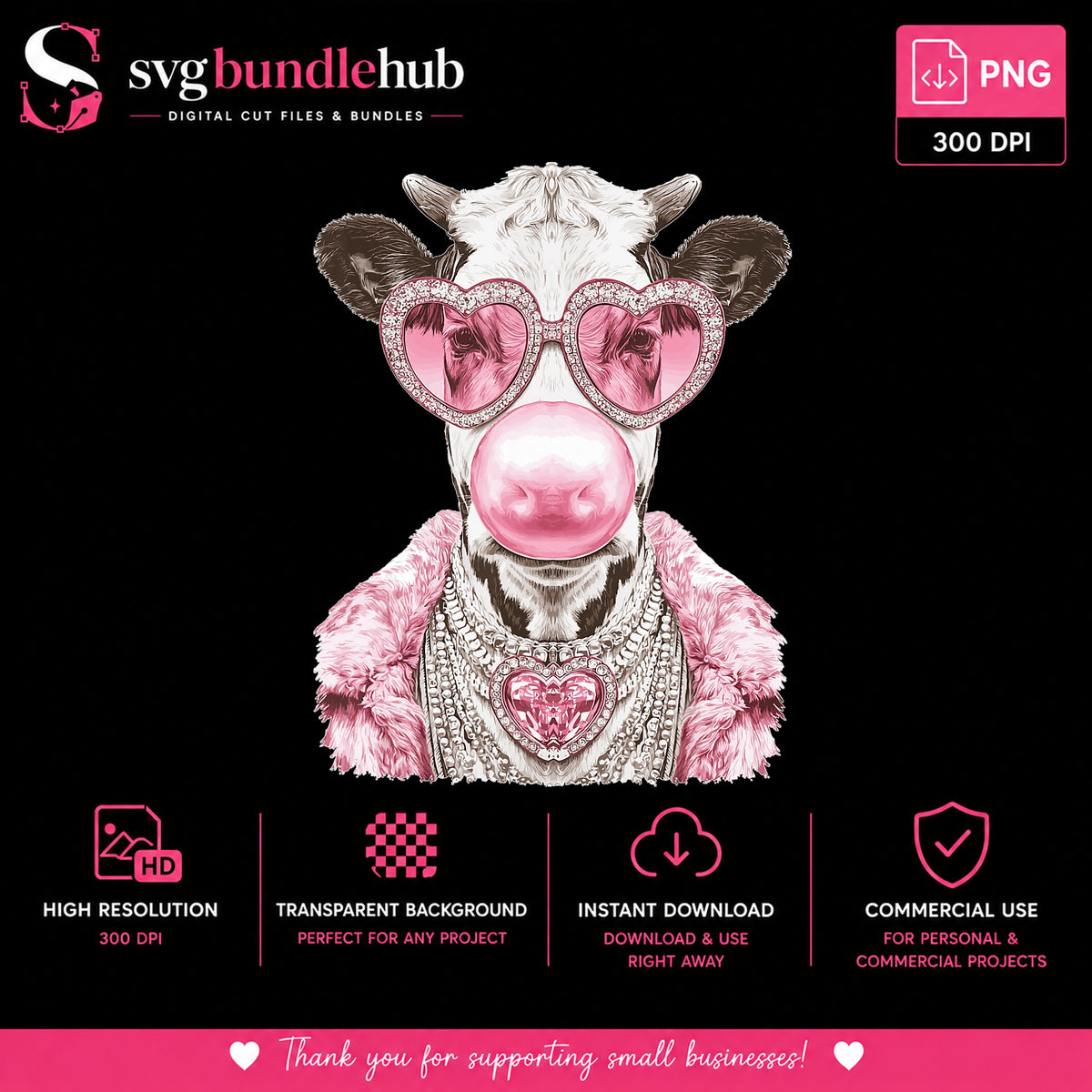 Glamour Cow Bubble Gum PNG, Cute Cow Pink Glasses, Sassy Cow PNG