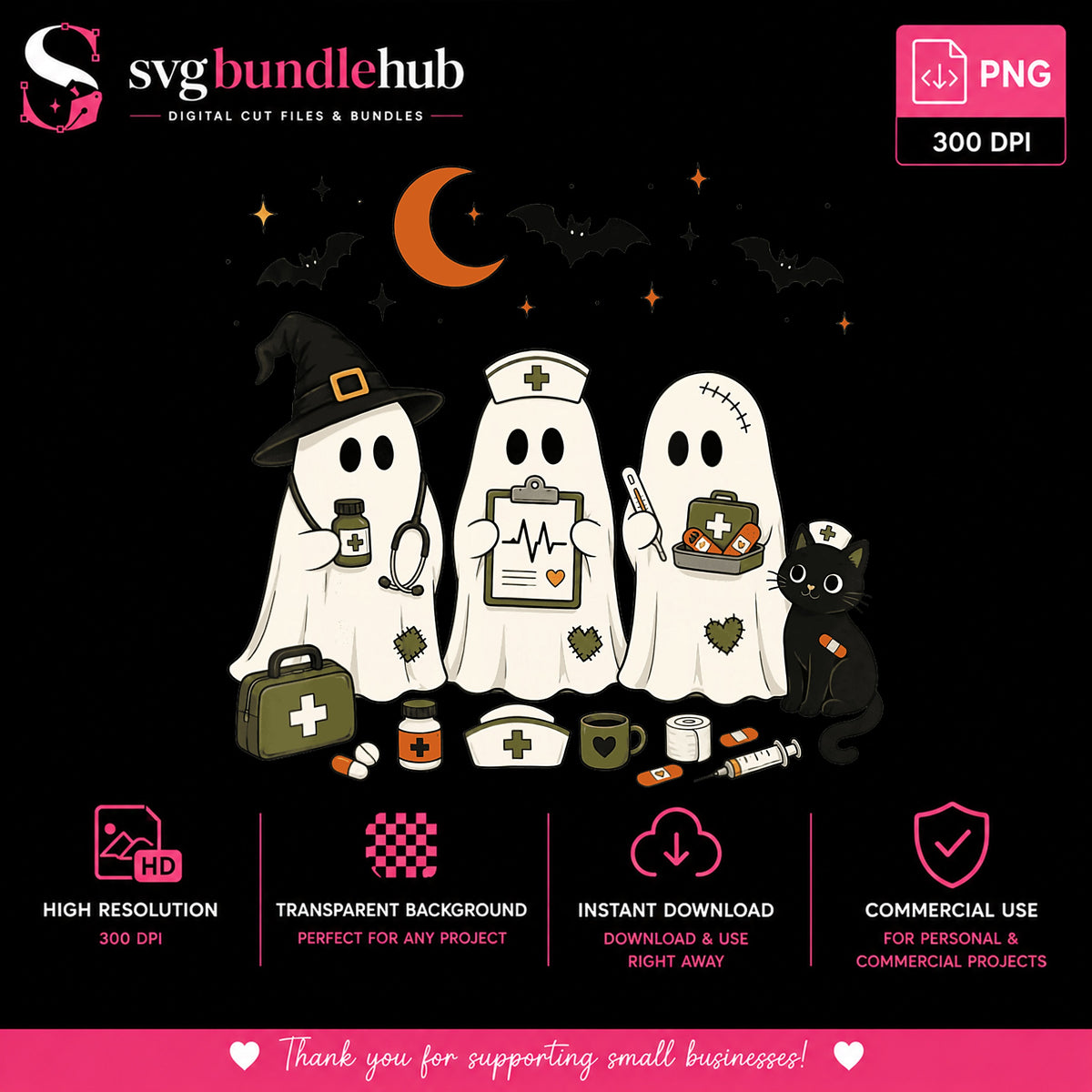 Halloween Ghost Nurse Clipart, Witch Hat Black Cat Medical Scene