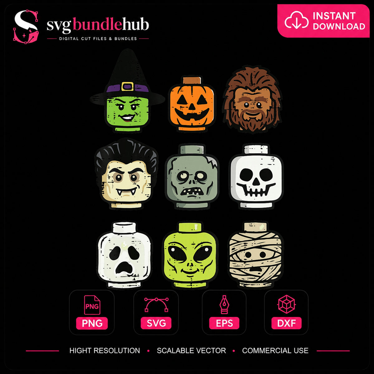 Halloween Lego Heads Monster Faces Bundle PNG