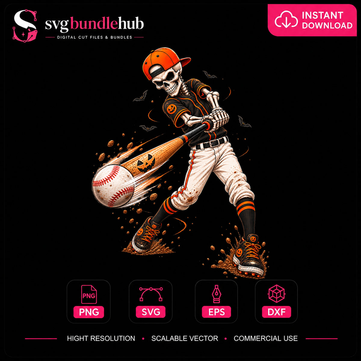 Halloween Skeleton Baseball Batter Pumpkin Bat PNG