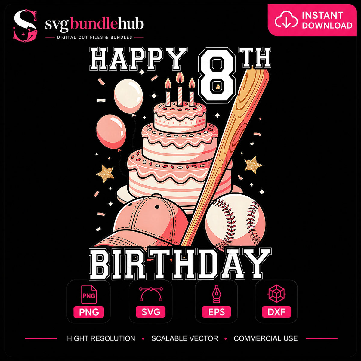 Happy 8th Birthday Baseball Cake Bat Ball Pink PNG