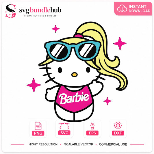 Hello Kitty Barbie Blonde SVG, Pink Sunglasses Cricut File