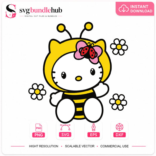 Hello Kitty Bumblebee Costume SVG, Cute Daisy Floral Clipart