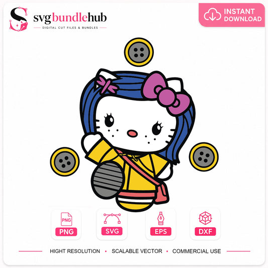 Hello Kitty Coraline Button Eyes SVG, Cute Cricut Clipart