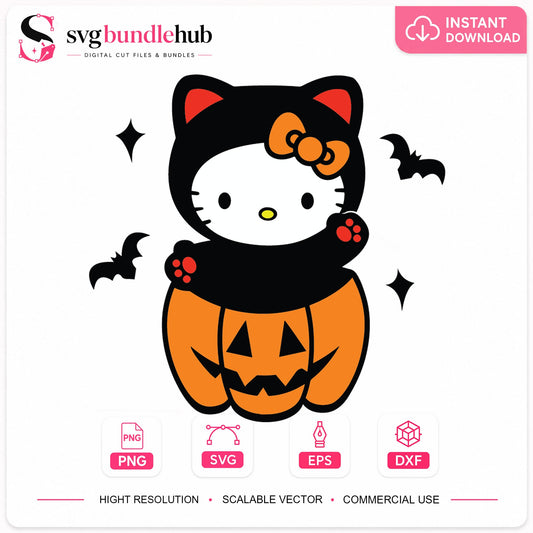 Hello Kitty Halloween Pumpkin SVG, Spooky Cat Cricut Clipart