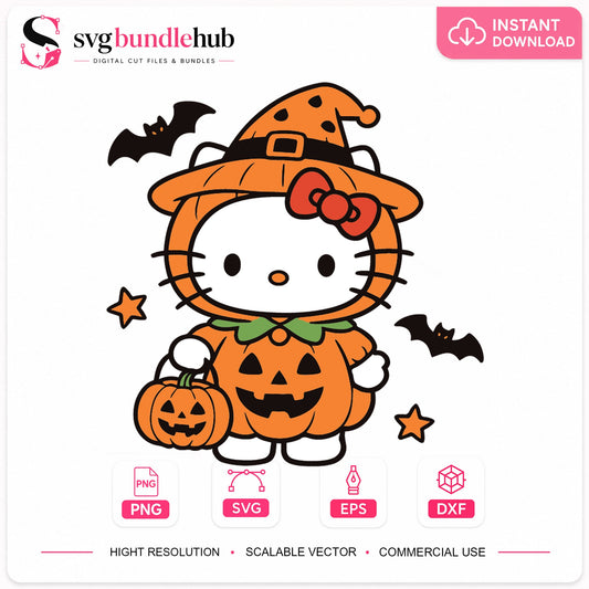 Hello Kitty Halloween Pumpkin Witch Cricut Cut File SVG