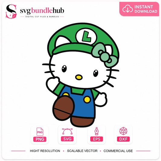 Hello Kitty Luigi Costume SVG, Gamer Crossover Cricut
