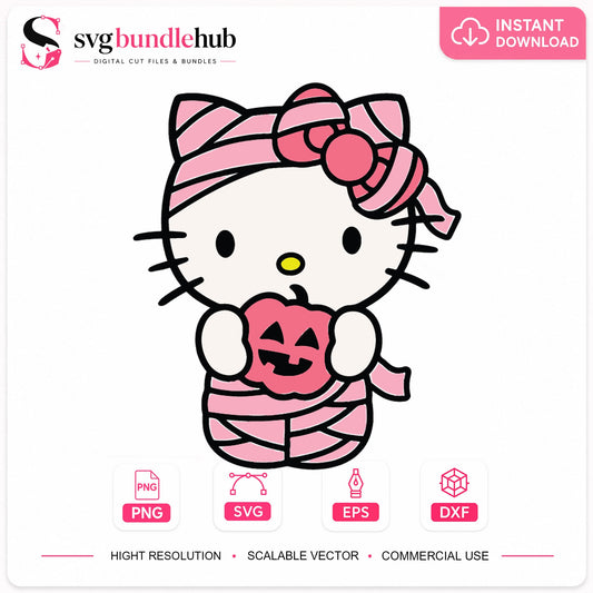 Hello Kitty Mummy Halloween SVG, Pink Pumpkin Cricut Clipart