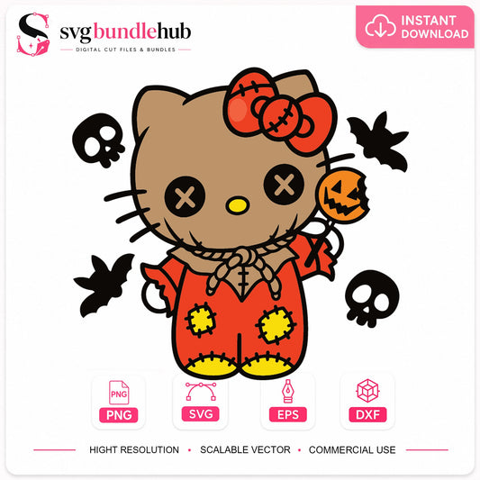 Hello Kitty Scarecrow Halloween SVG, Spooky Cricut Clipart