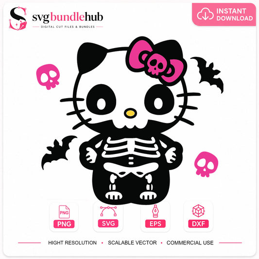 Hello Kitty Skeleton Halloween SVG, Spooky Cricut Clipart v2