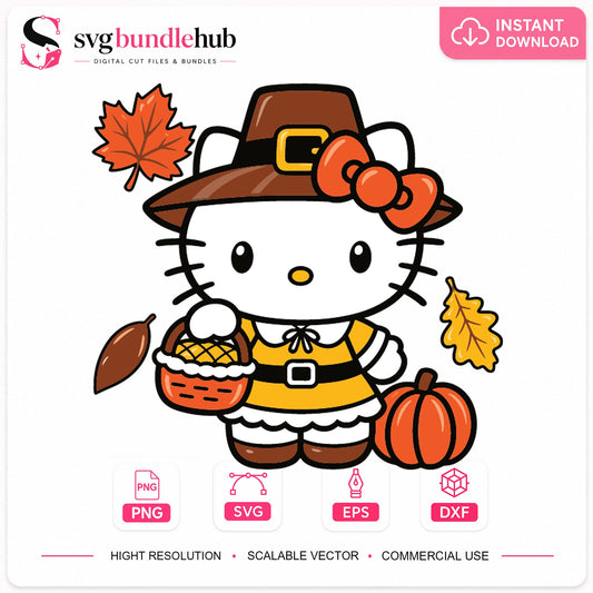 Hello Kitty Thanksgiving Pilgrim SVG, Fall Harvest Clipart