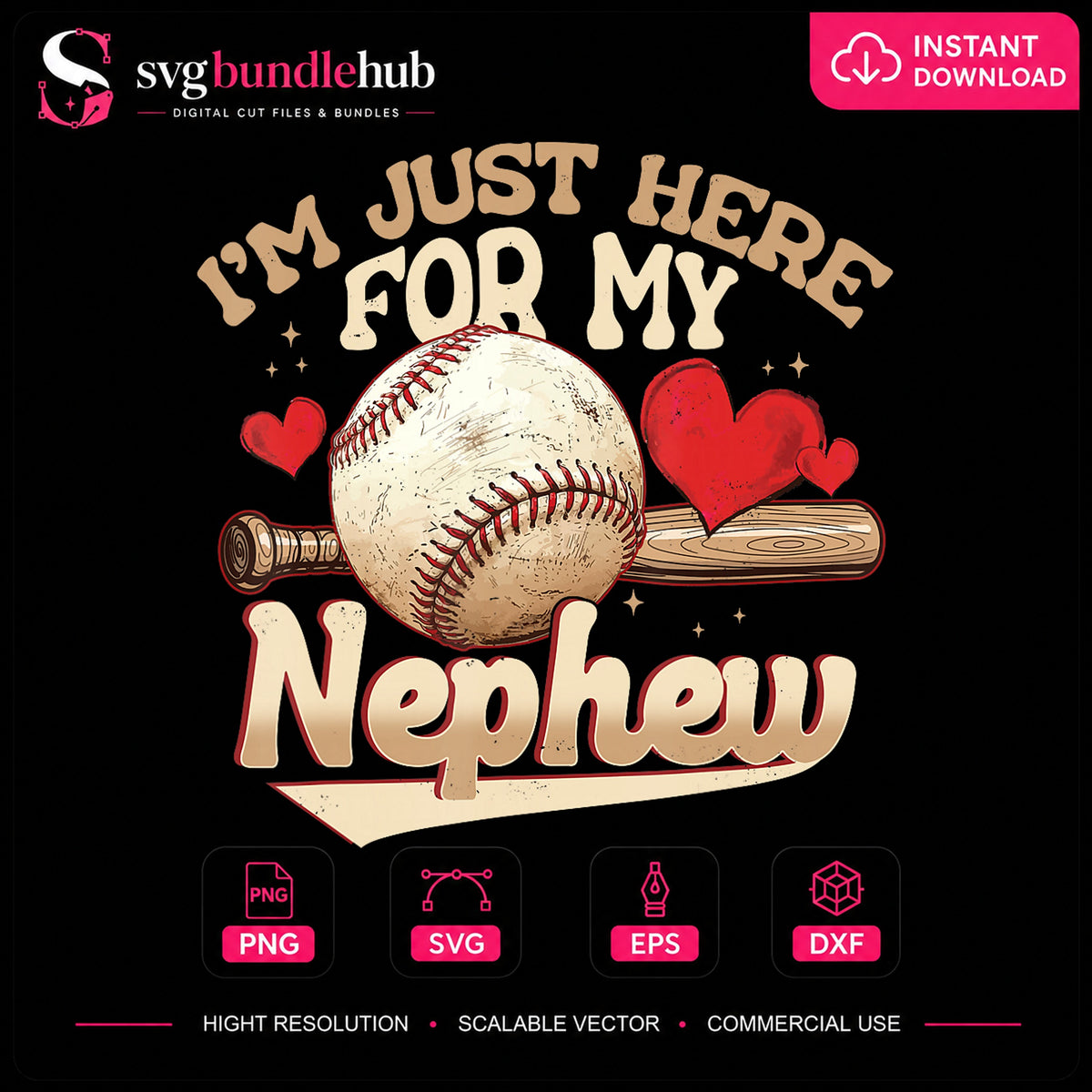 I'm Just Here For My Nephew Baseball Retro Hearts PNG