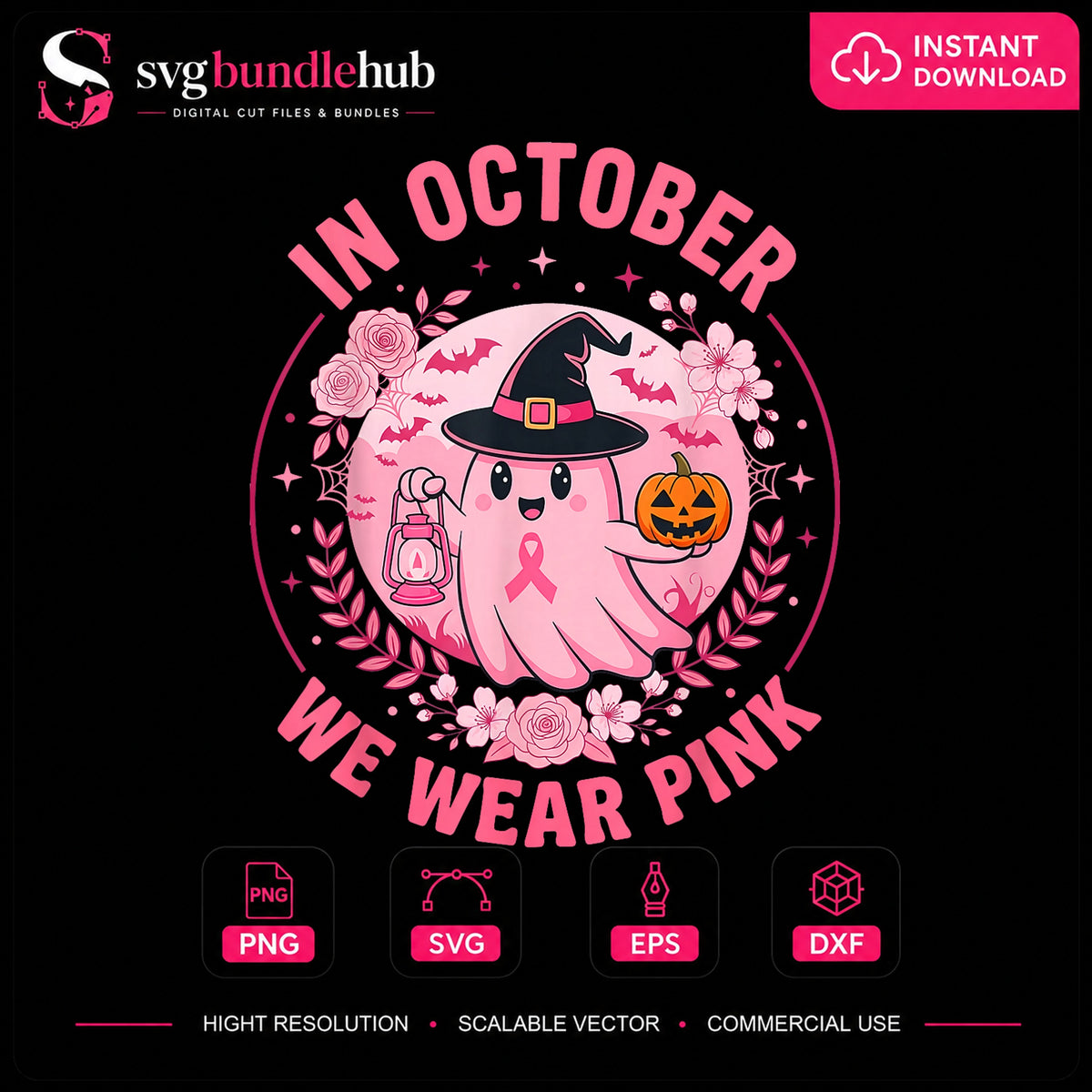 In October We Wear Pink Ghost Halloween Witch PNG