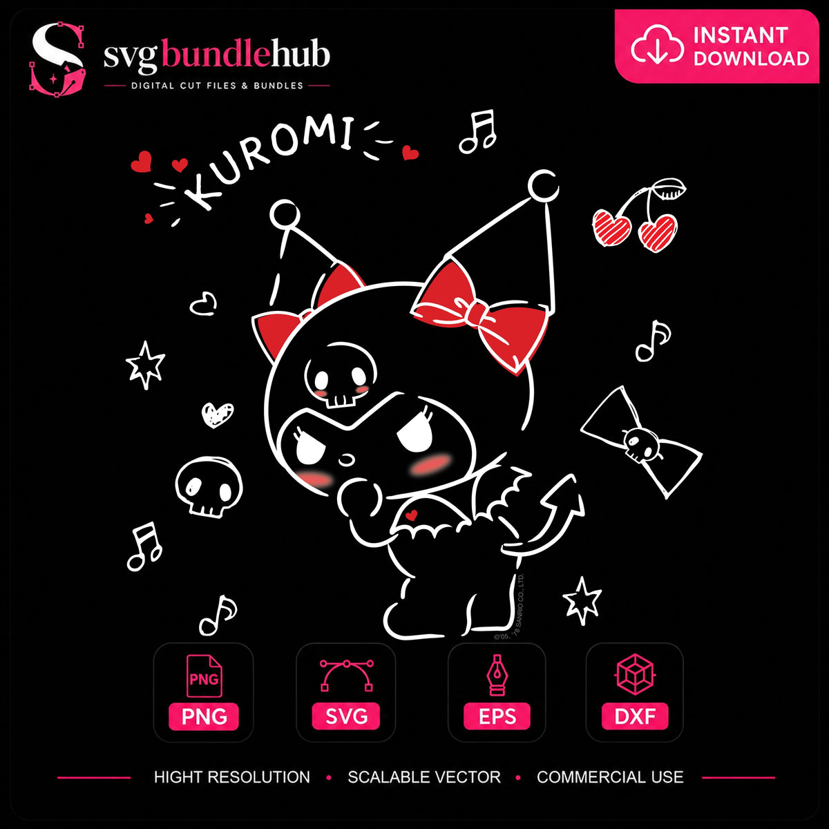 Kuromi Sanrio Goth Skulls Kawaii Music Notes PNG
