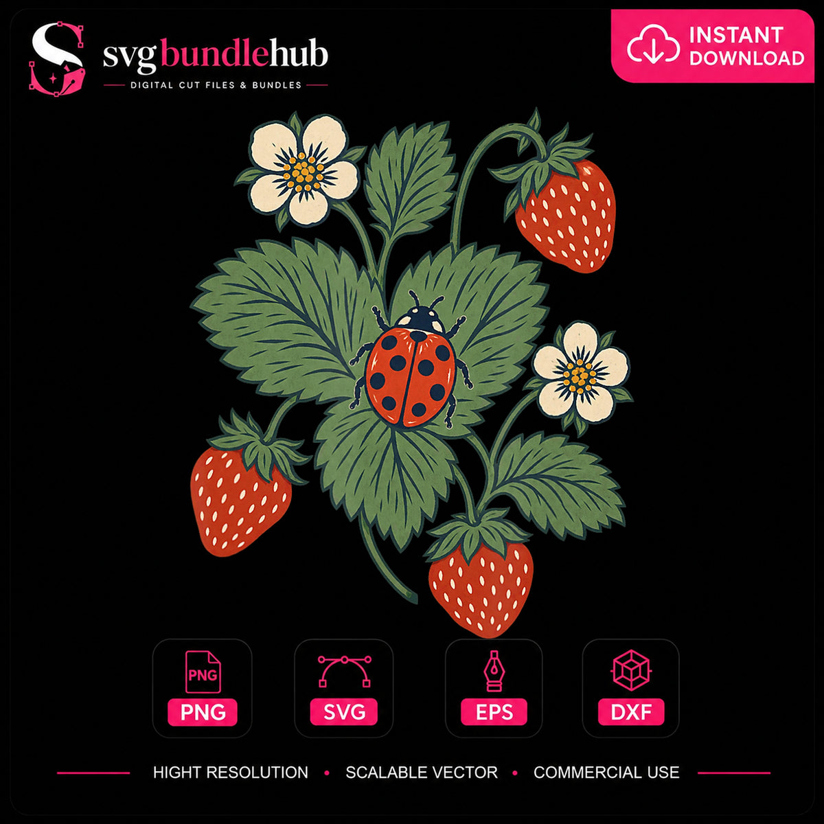 Ladybug Strawberry Plant Botanical Floral Clipart PNG