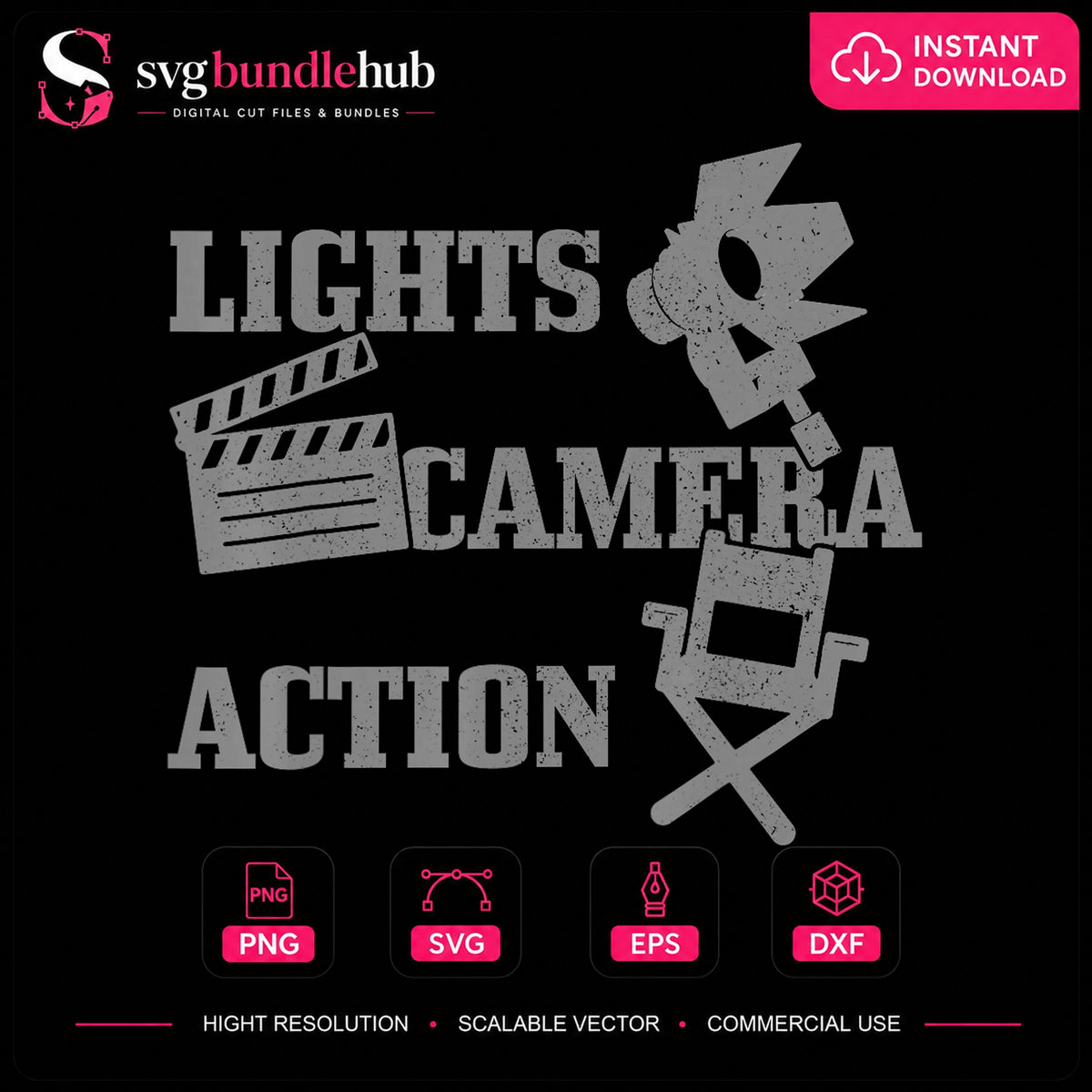 Lights Camera Action Movie SVG, Film Clipart Craft Design