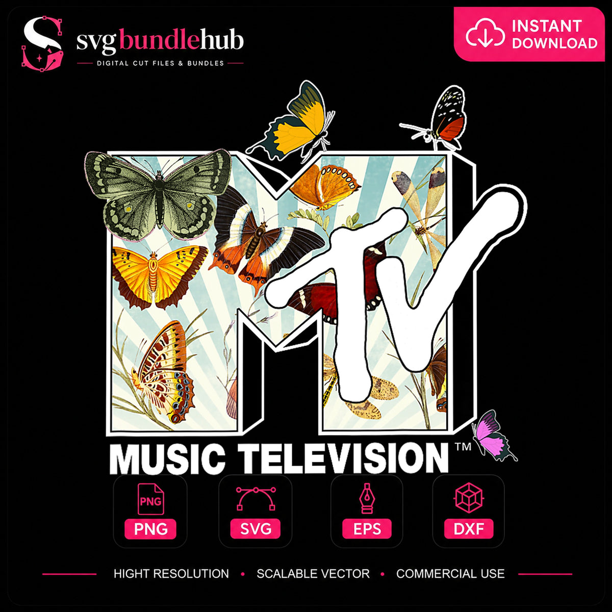 MTV Music Television Butterfly Floral Collage Art PNG