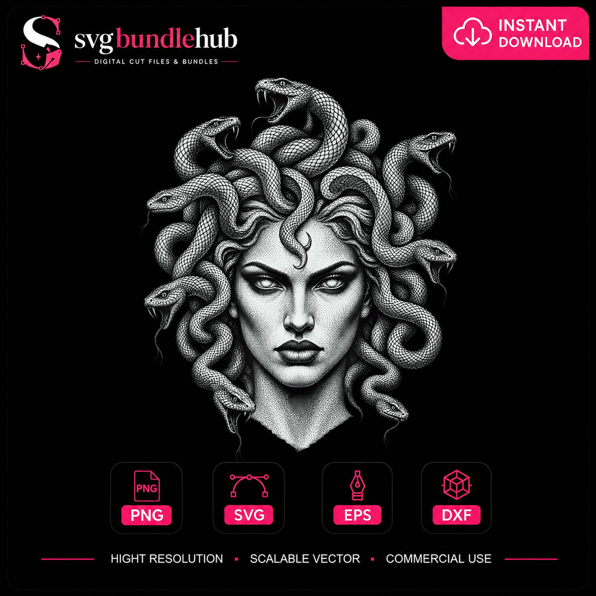 Medusa Snake Hair Greek Mythology Portrait Design PNG