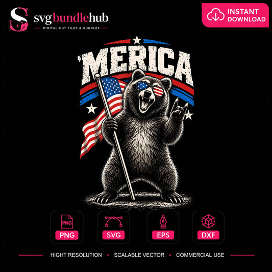 'Merica Bear American Flag 4th Of July PNG