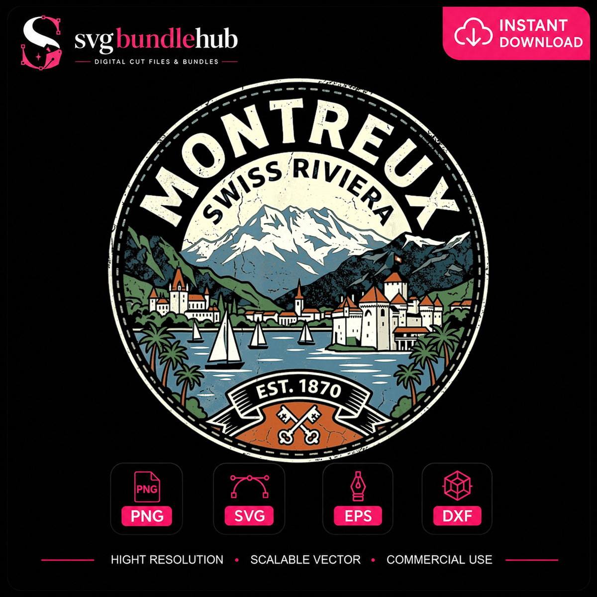 Montreux Swiss Riviera Est 1870 Vintage Badge PNG