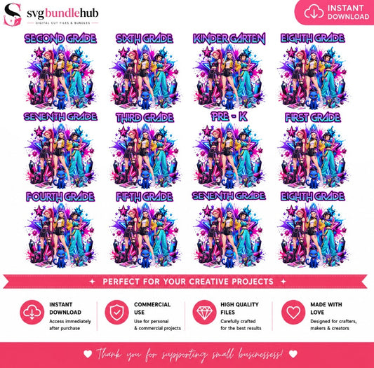 Neon Girls Back to School Grade Bundle PNG | SvgBundleHub
