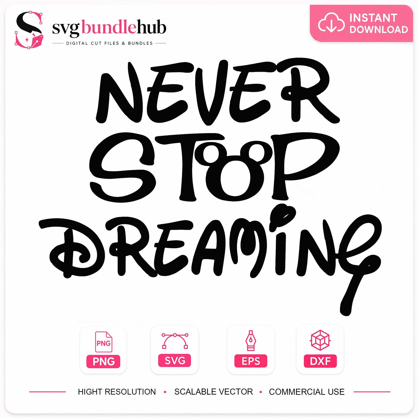 Never Stop Dreaming SVG, Disney Quote SVG, Inspirational SVG PNG