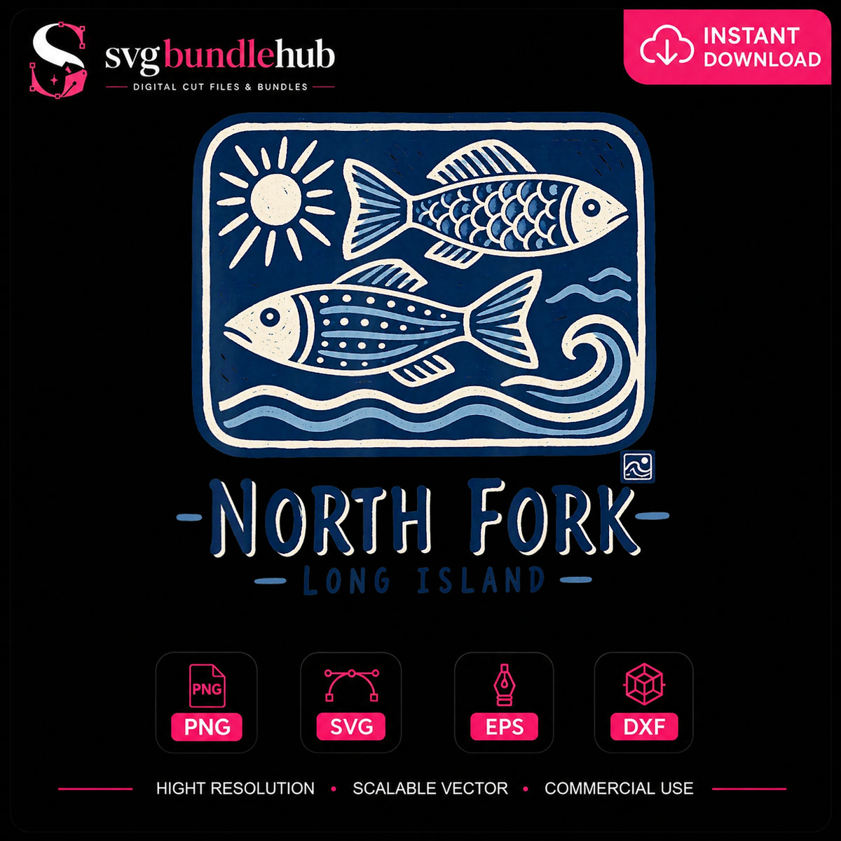 North Fork Long Island Fish Sun Waves Retro PNG