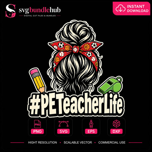 #PETeacherLife Messy Bun Sports Bow Whistle PNG
