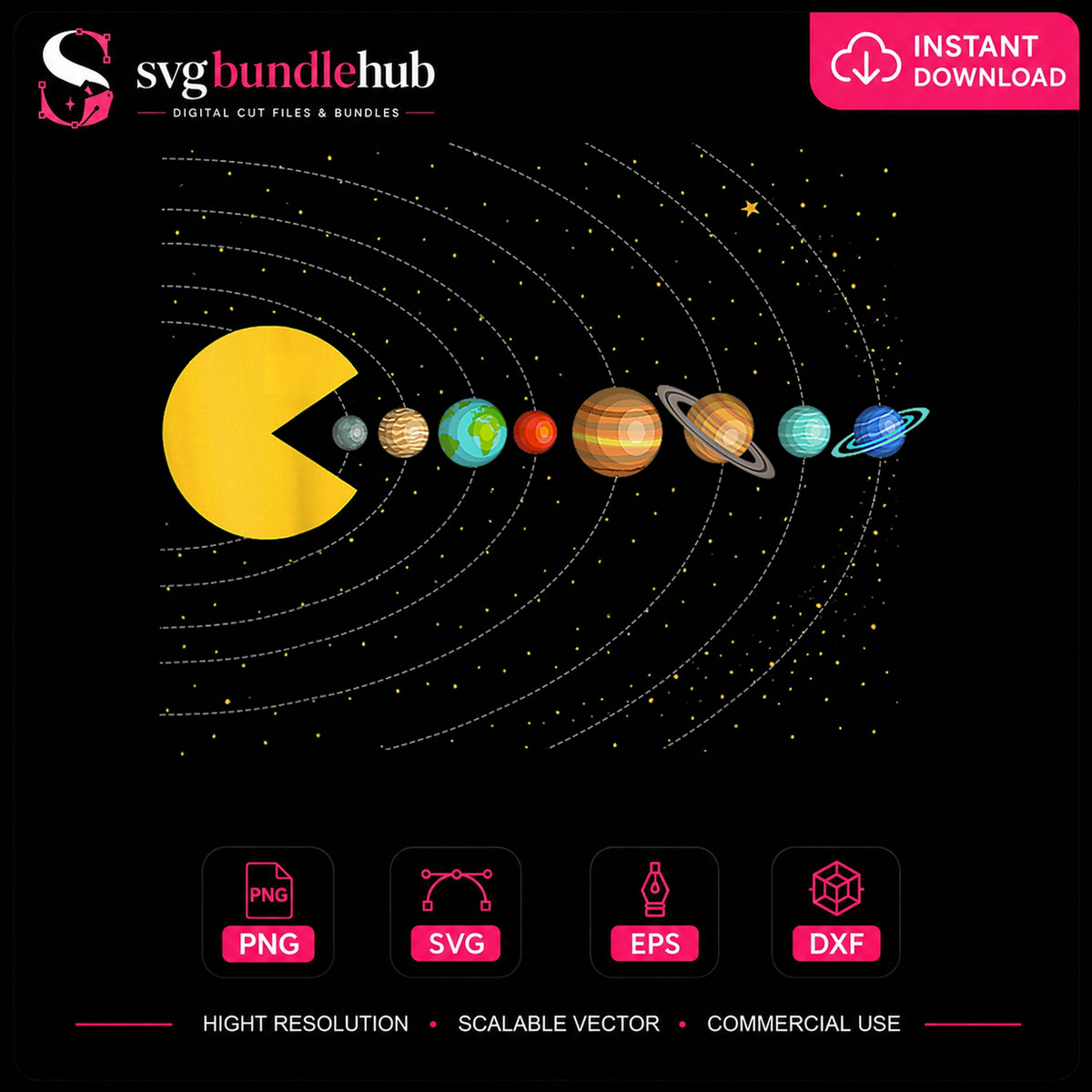 Pac-Man Eating Solar System Planets Space Funny PNG