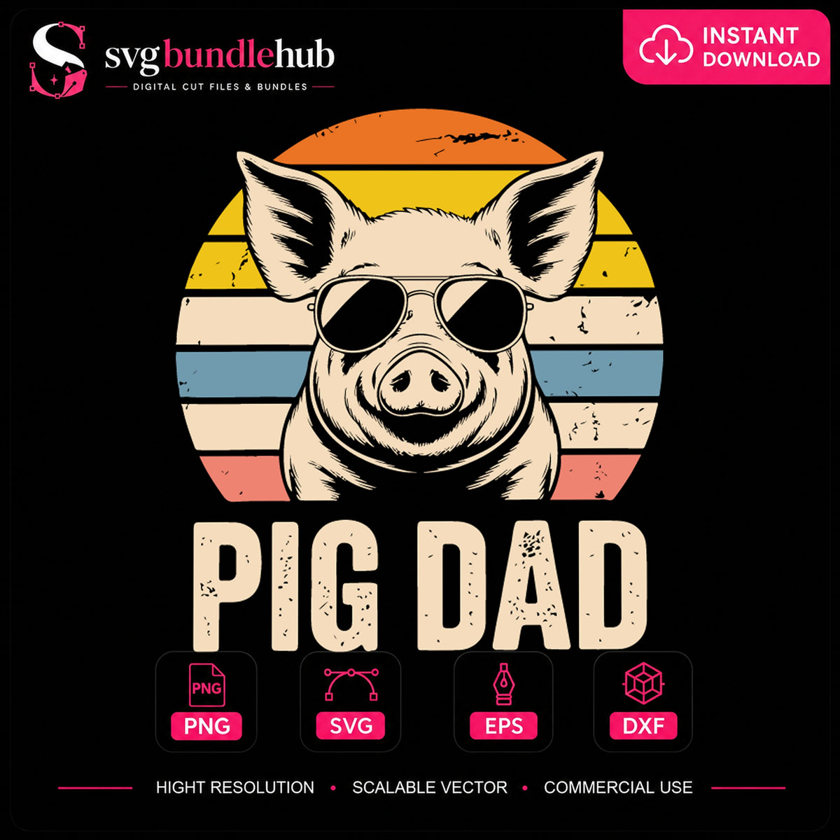 Pig Dad SVG, Retro Sunset Cool Pig Cricut Cut File