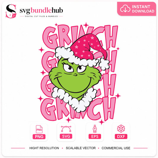 Pink Grinch Santa Hat Christmas Cricut Cut File SVG
