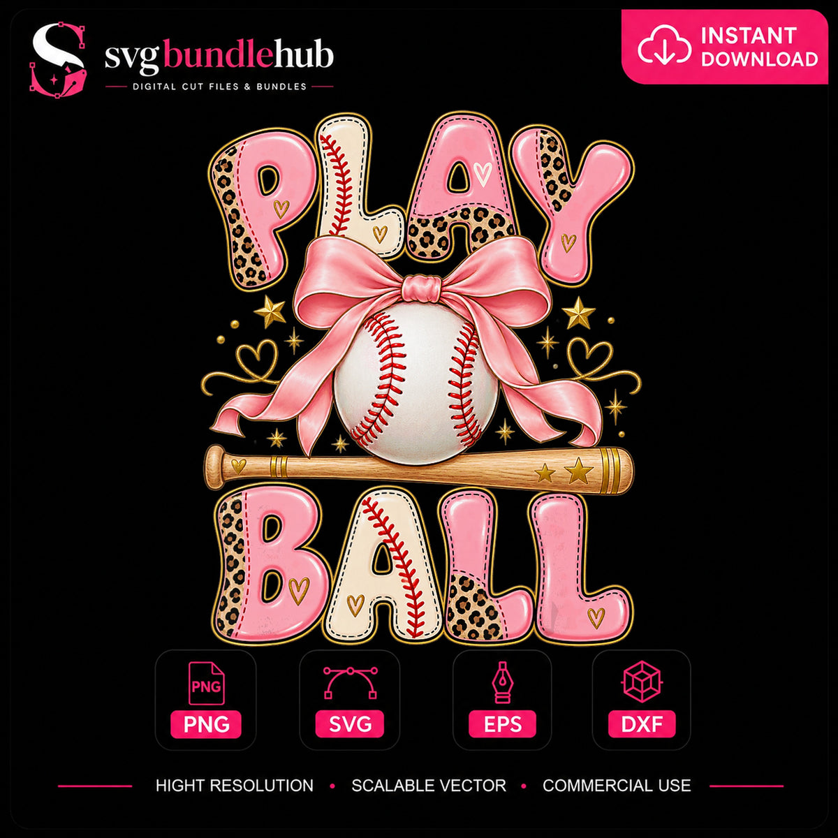 Play Ball Baseball Coquette Bow Leopard Print PNG