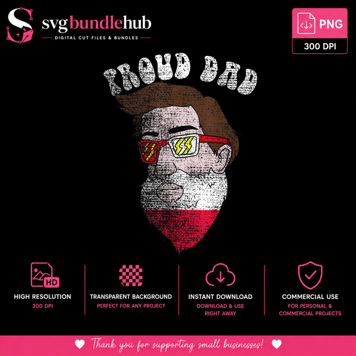 Proud Dad Bearded Man Red Sunglasses Lightning Bolt, Grunge Distressed